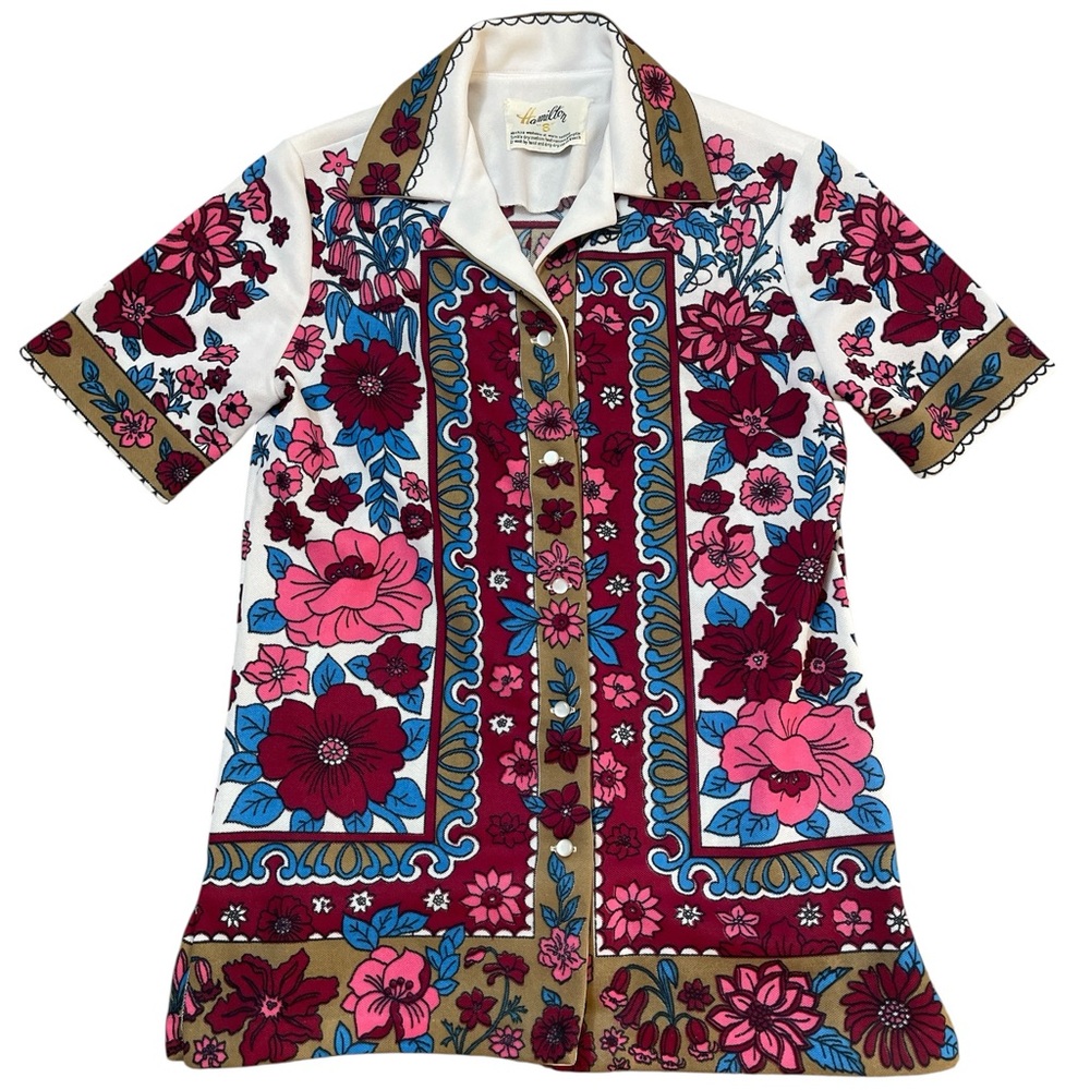 Vintage Hamilton 8 • 60s 70s Polyester Short Sleeve Floral Button Down Shirt - Picture 3 of 7